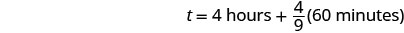 A mathematical equation shows 't = 4 hours + 4/9(60 minutes)', calculating a total time by adding 4 hours to a fraction of 60 minutes.