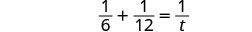 The image shows a mathematical equation with fractions: one-sixth plus one-twelfth equals one over t (1/6 + 1/12 = 1/t).