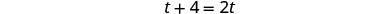 A mathematical equation is displayed on a white background, which reads 't + 4 = 2t'.