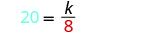A mathematical equation is displayed on a white background, reading '20 = k/8' with '20' in blue and '8' in red. The expression represents a simple algebraic problem.