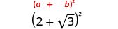 Algebraic identity (a + b)² in red, contrasted with its numerical application (2 + √3)² in black, showcasing the square of a sum.