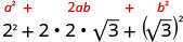 A mathematical expression illustrating the algebraic identity (a+b)^2 = a^2 + 2ab + b^2, with 'a' represented by 2 and 'b' by the square root of 3.