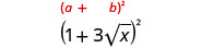 An image showcasing the algebraic identity (a+b)^2 in red, followed by a specific example (1+3√x)^2 in black, illustrating the square of a binomial.