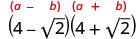 The difference of squares formula, a minus b times a plus b equals a squared minus b squared, is shown. The example uses 4 minus the square root of 2 and 4 plus the square root of 2.