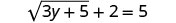 A mathematical equation is displayed on a white background: the square root of (3y + 5) + 2 = 5.