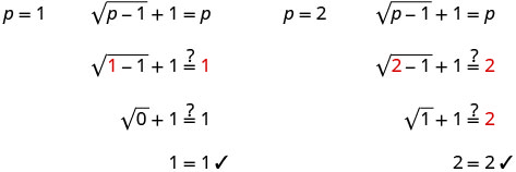 Mathematical proof demonstrating the equation sqrt(p-1) + 1 = p holds true for p=1 and p=2, showing detailed step-by-step verification for each value of p.