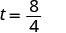 A mathematical equation displays 't = 8/4' on a white background, representing the variable t being equal to the fraction eight divided by four.