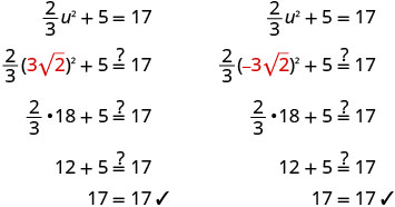 Two step-by-step mathematical calculations demonstrating the verification of both positive and negative solutions for the quadratic equation (2/3)u^2 + 5 = 17, confirming 17 = 17 in both cases.