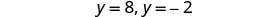 The image displays mathematical equations 'y = 8' and 'y = -2' written in a dark grey font on a plain white background.