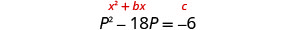 Mathematical notation featuring the quadratic equation P^2 - 18P = -6, with general quadratic terms x^2 + bx and constant c highlighted in red above it.