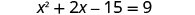 A quadratic equation is displayed, showing 'x^2 + 2x - 15 = 9'.