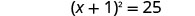A mathematical equation is displayed with a white background, reading (x + 1)^2 = 25. The numbers and symbols are in a dark gray or black font.