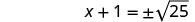 A mathematical equation showing x + 1 equals plus or minus the square root of 25. This sets up a problem to solve for x, indicating two possible solutions.