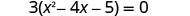 A mathematical equation, 3(x^2 - 4x - 5) = 0, is displayed in black text against a white background.