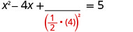 A mathematical equation, x^2 - 4x + [blank] = 5, demonstrating the process of completing the square. The term to add, (1/2 * 4)^2, is shown below the blank space.