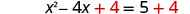 An equation showing x^2 - 4x + 4 = 5 + 4, where the added ' + 4' terms on both sides are highlighted in red, indicating a step in completing the square.
