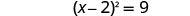 A mathematical equation is displayed with the expression (x-2)^2 = 9 centered against a white background.