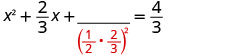 A mathematical equation showing x squared plus two-thirds x, plus a blank line over the quantity one-half times two-thirds, all squared, equals four-thirds. This represents a step in completing the square.