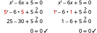 Solutions for x^2 - 6x + 5 = 0 are verified. Both x=5 and x=1 are shown to correctly satisfy the quadratic equation, confirming their validity as roots.