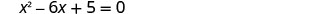 A quadratic equation is displayed in black text against a white background: x squared minus 6x plus 5 equals 0.