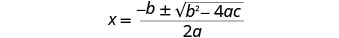 The quadratic formula, used to find the solutions for x in a quadratic equation, is displayed as x = (-b ± sqrt(b^2 - 4ac)) / 2a.