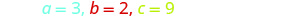 The equation a=3, b=2, c=9 is shown in a colorful font, with 'a' in light blue, 'b' in red, and 'c' in yellow, all against a white background.