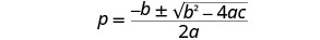 The image displays the quadratic formula, p = [-b ± sqrt(b^2 - 4ac)] / 2a, a fundamental mathematical equation used to find the roots of a quadratic equation. It is shown in standard algebraic notation.