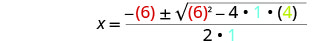 The quadratic formula showing the substitution of coefficients a=1, b=6, and c=4 (highlighted in colors) to solve for x.