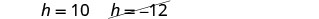 Mathematical notation featuring 'h = 10' and the full expression 'b = 12' crossed out, suggesting a correction or an abandoned calculation.