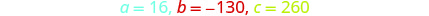 The image displays the variables and their assigned numerical values: a = 16, b = -130, and c = 260, presented in different colors on a white background.
