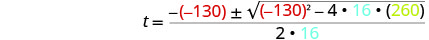 A mathematical equation for 't' using the quadratic formula is displayed, with 'a' as 16 (light blue), 'b' as -130 (red), and 'c' as 260 (yellow), to find the roots of a quadratic equation.