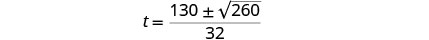 A mathematical equation is displayed on a white background: t = (130 ± √260) / 32.