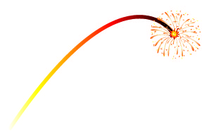 A vivid firework traces an upward arc, exploding into a bright, starburst-like display of orange and yellow sparks against a clean white background.
