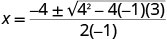 A mathematical equation showing the quadratic formula applied to solve for X, with specific numerical values substituted for a, b, and c.
