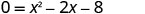 A white background displays a clear, black mathematical equation: 0 = x^2 - 2x - 8, representing a quadratic equation in standard form.