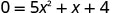 The quadratic equation 0 = 5x^2 + x + 4 is displayed.