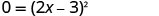 The equation 0 = (2x - 3)^2 is displayed on a white background, representing a quadratic equation in vertex form.