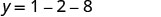 A mathematical equation showing y equals one minus two minus eight (y=1-2-8) on a white background.