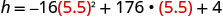 A mathematical equation is displayed, showing h = -16(5.5)^2 + 176 * (5.5) + 4, where the numbers 5.5 are highlighted in red.