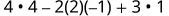 A mathematical expression showing operations of multiplication, subtraction, and addition: 4 multiplied by 4, minus 2 multiplied by 2 multiplied by -1, plus 3 multiplied by 1.