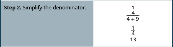Step 2 is to simplify the denominator, which becomes 4 plus 9 equals 13.
