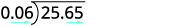 A long division problem showing 25.65 divided by 0.06, with light blue arrows indicating the shifting of decimal points to simplify the division by a decimal.