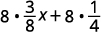 The mathematical expression 8 times 3 over 8x plus 8 times 1 over 4 is shown on a white background.