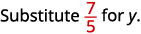 The text 'Substitute 7/5 for y.' is displayed, instructing to replace the variable 'y' with the fraction seven-fifths. The fraction is highlighted in red.