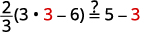 A mathematical equation shown as (2/3)(3 * 3 - 6) =? 5 - 3. The numbers '3' (in '3 * 3') and '3' (in '5 - 3') are highlighted in red, indicating a verification or problem-solving context.