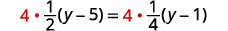 A mathematical equation displays the multiplication of 4 by 1/2(y-5) on the left side, and 4 by 1/4(y-1) on the right side, with the number 4 highlighted in red.