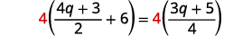 A mathematical equation shows '4 multiplied by the quantity (4q+3)/2 plus 6', which is equal to '4 multiplied by the quantity (3q+5)/4'.