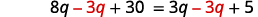 A mathematical equation is displayed, showing '8q - 3q + 30 = 3q - 3q + 5'. Some 'q' terms are in black, while others are in red.