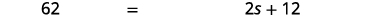 A mathematical equation is displayed on a white background, which reads '62 = 2s + 12'.