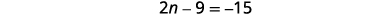 A mathematical equation is displayed against a white background, reading '2n - 9 = -15'.